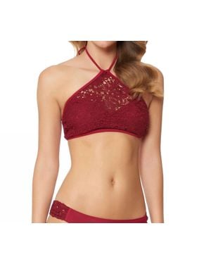 Jessica Simpson Flower Power Crochet High Neck Halter Bikini Top - Red