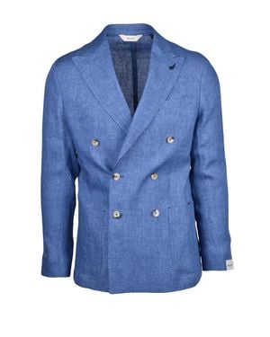 Paoloni Double-Breasted Peak-Lapel Linen Blazer - Blue