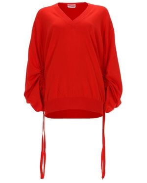 Nude Vibrant V-Neck Ruched Sleeve Cotton Top - Red