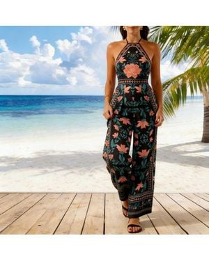 TRUEDAMES Trendy Sexy Printed Halter Wide-Leg Jumpsuit - Blue