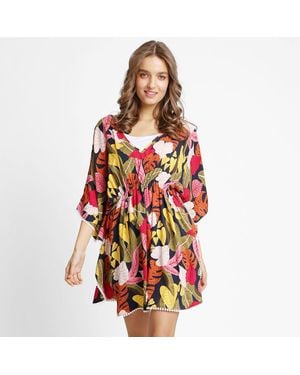 TRUEDAMES Boho Mixed Leaves Print Drawstring Mini Tunic Dress - Red
