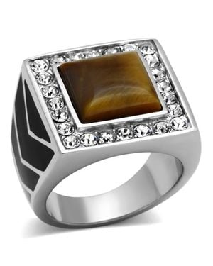 Fashnzfab High Polished (No Plating) Stainless Steel Ring With Synthetic Tiger Eye - Metallic