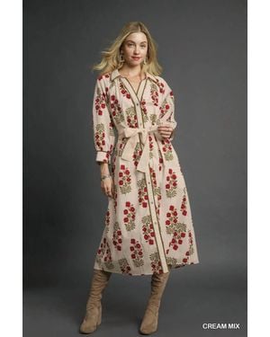 Umgee Floral Button-Front Maxi Shirt Dress With Waist Tie - Gray
