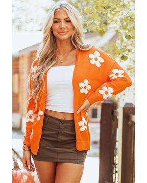TRUEDAMES Floral Print Knitted Open Front Loose Cardigan - Orange