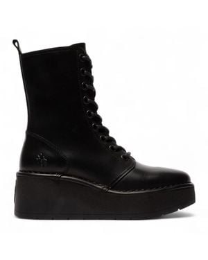 Fly London Hait273 Leather Lace-Up Chunky Platform Ankle Boots - Black