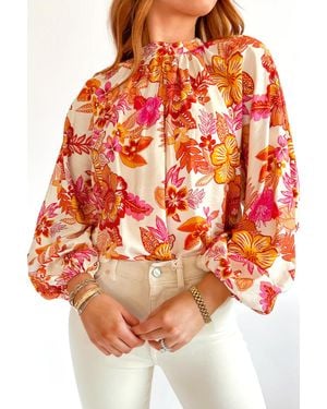 TRUEDAMES Floral Print Pearl Button Keyhole Long Puff Sleeve Blouse - Orange
