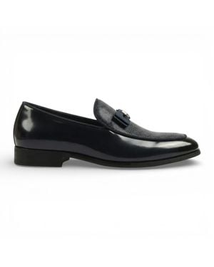 Infinity Leather Textured Front Iconic Buckle Bow Loafers Shoes - Black