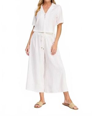 Allie Rose Soft Linen Smocked Tie Waist Flowy Capri - White