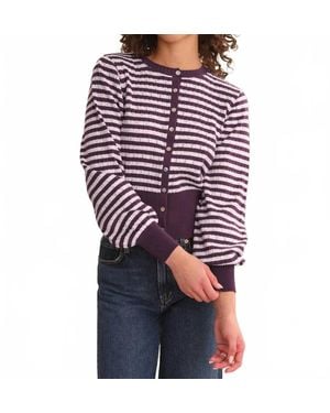 525 America Beckett Striped Pointelle Blouson Sleeve High Rib Cardigan - Blue