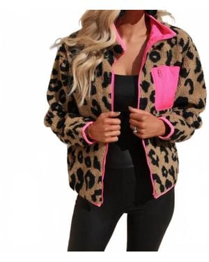 Shiying Fashion Leopard Colorblock Pocket Zipper Fuzzy Fleece Jacket - Black