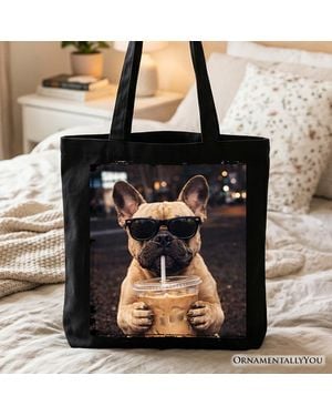 OrnamentallyYou Iced Coffee French Bulldog Tote Bag Cute Pet Gift Shopper - Black