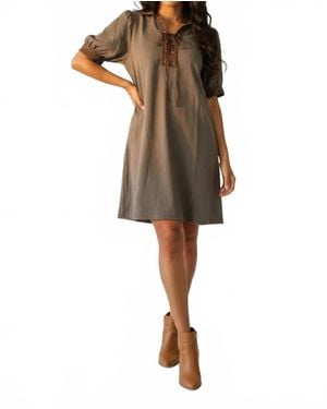 She + Sky Puff Sleeve Contrast Neck Lace Up Brushed Twill Mini Dress - Natural
