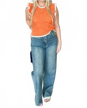 Original USA Square Rhinestone Lines Embellished High Rise Ultra Wide Leg Jeans - Blue