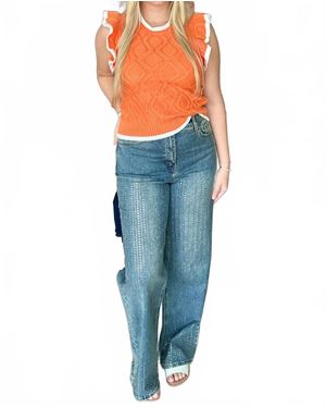 Original USA Square Rhinestone Lines Embellished High Rise Ultra Wide Leg Jeans - Blue