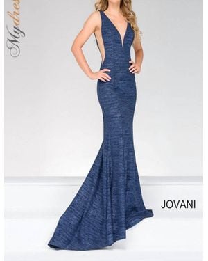 Jovani Glitter Jersey Mermaid Gown With Low Back - Blue
