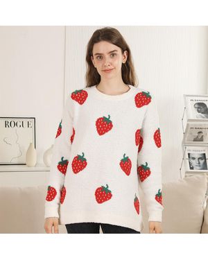 TRUEDAMES Cozy Strawberry Pattern Crewneck Sweater - Red