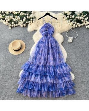 TRUEDAMES Vacation Halter Sleeveless Printed Dress - Blue