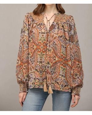 Fate Bohemian Paisley Print Lurex Chiffon Smocked Yoke Blouse - Brown