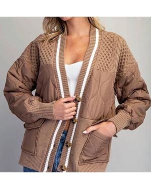 Eesome Quilted Mixed Media Knit Jacket - Brown