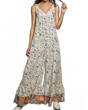 Pol Textured Denim Floral Embroidered Jumpsuit - Multicolor