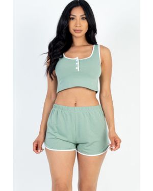 TRUEDAMES Casual French Terry Sleeveless Button Front Contrast Trim Cropped Tank Top And Shorts Set - Green