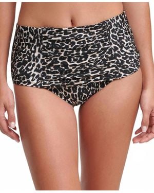 Calvin Klein Animal-Print Pleated High-Waist Bikini Bottoms - Black