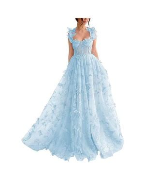 TRUEDAMES Spaghetti Strap Flower Fairy High-End Gown Banquet Party Elegant Evening Dress - Blue