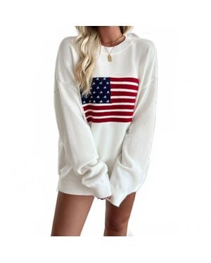 Supreme Fashion Knit Round Neck Flag Print Loose Fit Sweater - White