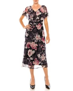 Connected Apparel Floral Print Cape Midi Dress - Blue