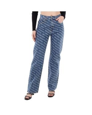T By Alexander Wang Logo-Print Sequined Mid-Rise Straight Leg Cotton Pants - Blue