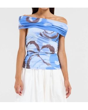 SOVERE Whirl Mesh Ruched Off-Shoulder Top - Blue