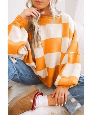 TRUEDAMES Checkered Bishop Sleeve Sweater - Orange