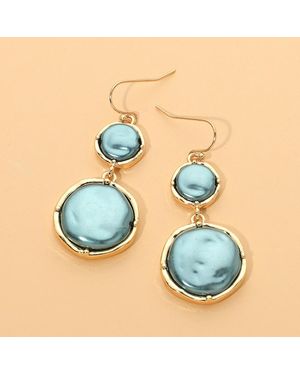Fashnzfab Double Pearl Disc Link Drop Earrings - Blue