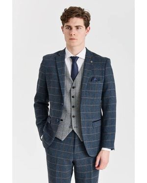 Paul Andrew 3 Piece Tweed Suit Check With Contrast Waistcoat - Blue