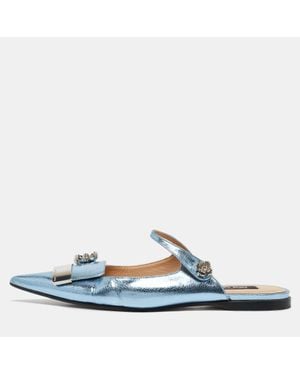 Sergio Rossi Metallic Textured Leather Flower Detail Flat Mules - Blue