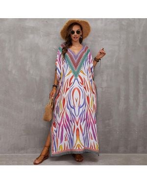 TRUEDAMES Rayon Engineered-Print Beach Robe Vacation Bikini Cover-Up, Swimsuit Outerwear
