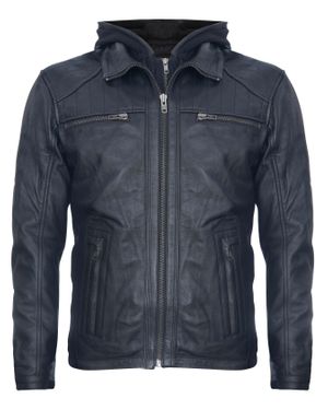 Infinity Leather Nappa Hooded Bomber Jacket - Blue
