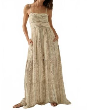 Promesa Geometric Print Ruched Wide-Leg Tiered Ruffle Jumpsuit - Natural