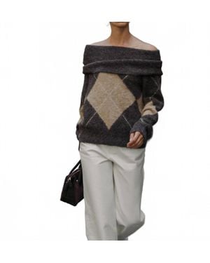 Sundayup Zara Argyle Off-Shoulder Sweater - Black
