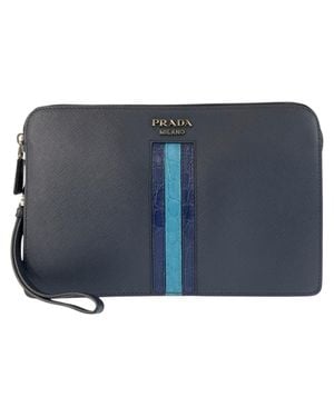 Prada Saffiano Leather Crocodile Clutch - Blue