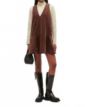 Ganni Seersucker Corduroy V-Neck Mini Dress - Brown