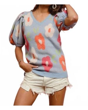 Bibi Floral Pattern Puff Sleeves V-Neck Sweater - White