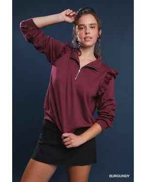TRUEDAMES Luxeknit Ruffle Shoulder Quarter-Zip Sweatshirt - Blue