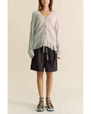 Davi & Dani Fringed Stripe Knit Cardigan - Natural