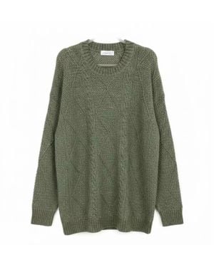 Shewin Twist Cable Knit Drop Shoulder Loose Fit Sweater - Green