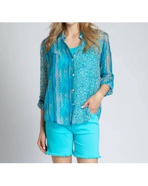Apny Roll Sleeve Button Up Top - Blue