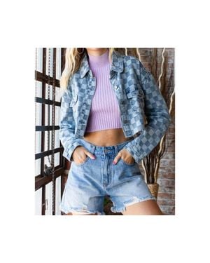 Veveret Checkered Print Cutted Hem Cropped Denim Top - Blue