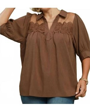 Umgee Lace Detail Collared Blouse - Brown