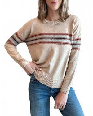 Minnie Rose Cotton Cashmere Placed Stripe Crew Neck Top - Blue