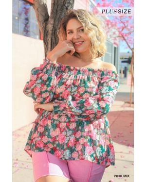 TRUEDAMES Sheer Floral Print Metallic Threading Long Sleeve Off Shoulder Top With High Low Hem - Pink